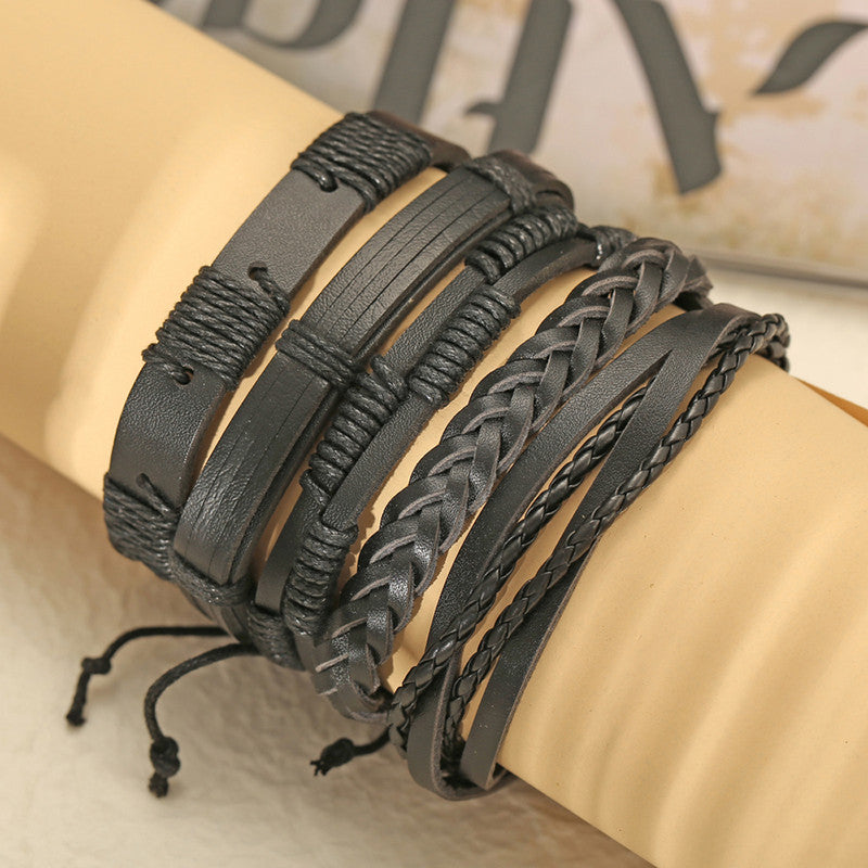 Set of 5 Multi Layered Black Faux Leather Bracelet for Men