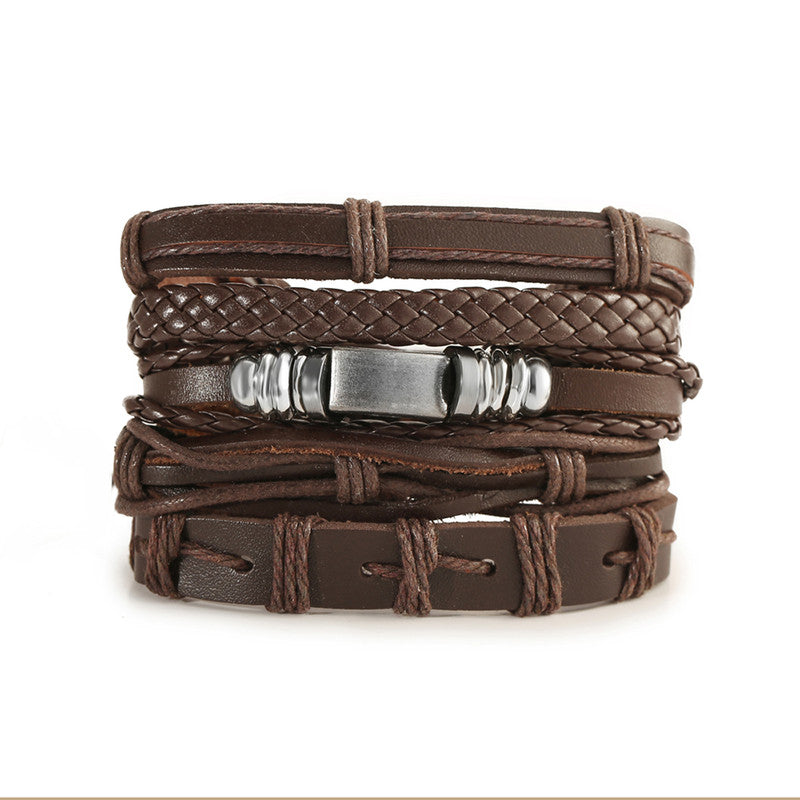 Set of 5 Multi Layered Brown Faux Leather Bracelet for Men