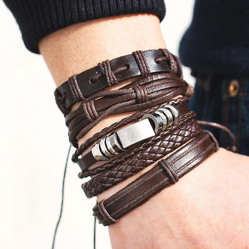 Set of 5 Multi Layered Brown Faux Leather Bracelet for Men