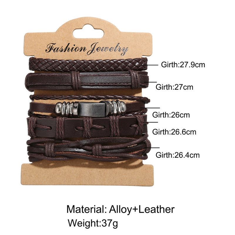 Set of 5 Multi Layered Brown Faux Leather Bracelet for Men