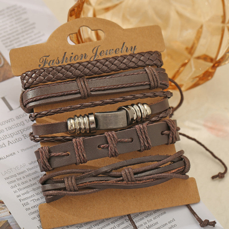 Set of 5 Multi Layered Brown Faux Leather Bracelet for Men