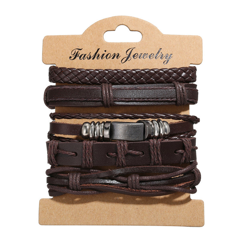 Set of 5 Multi Layered Brown Faux Leather Bracelet for Men