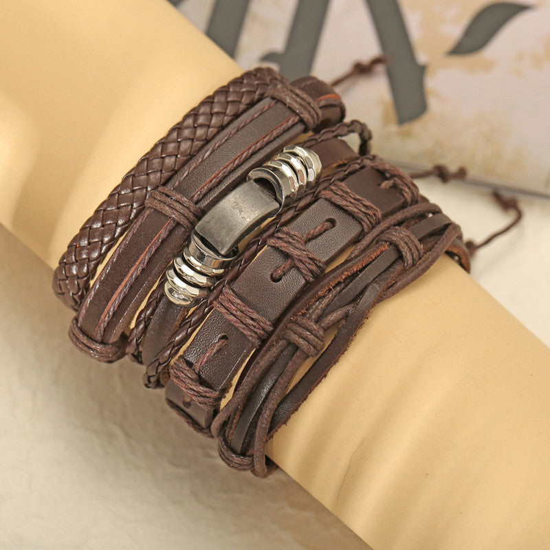 Set of 5 Multi Layered Brown Faux Leather Bracelet for Men