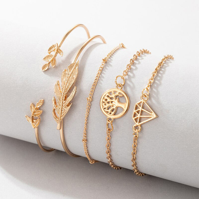 Gold Plated Gold-Toned Set of 5 Contemporary Stackable Bracelet Set