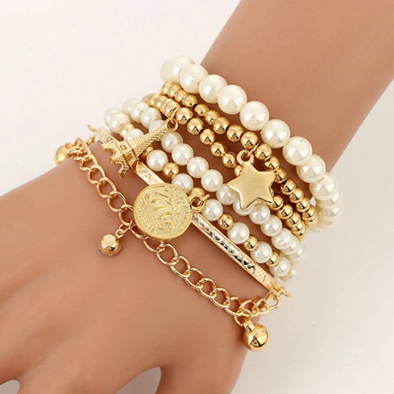 Gold Plated Pearl Studded Multistrand Korean Bracelet (Pack of 6)