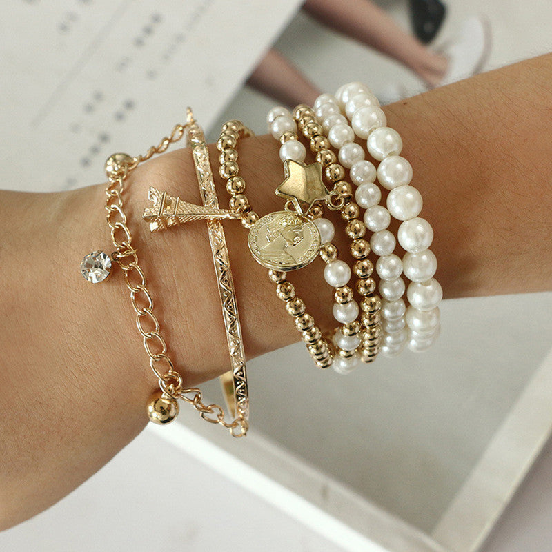 Gold Plated Pearl Studded Multistrand Korean Bracelet (Pack of 6)