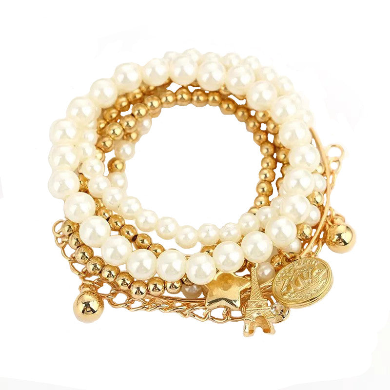 Gold Plated Pearl Studded Multistrand Korean Bracelet (Pack of 6)