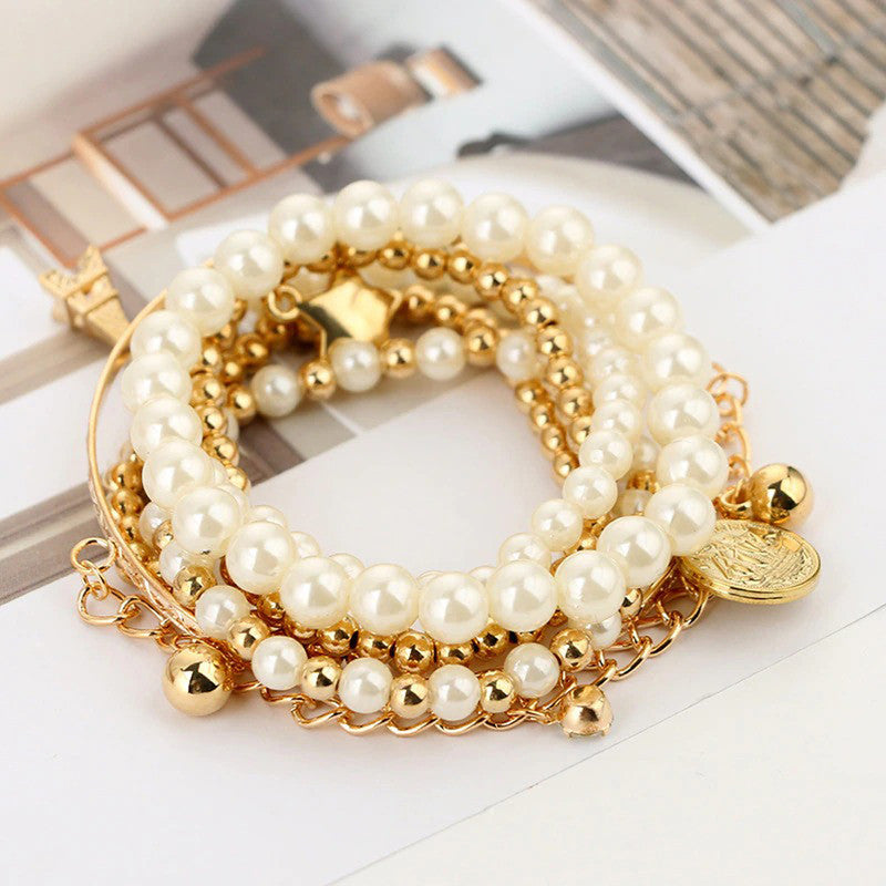 Gold Plated Pearl Studded Multistrand Korean Bracelet (Pack of 6)