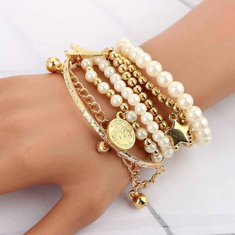 Gold Plated Pearl Studded Multistrand Korean Bracelet (Pack of 6)