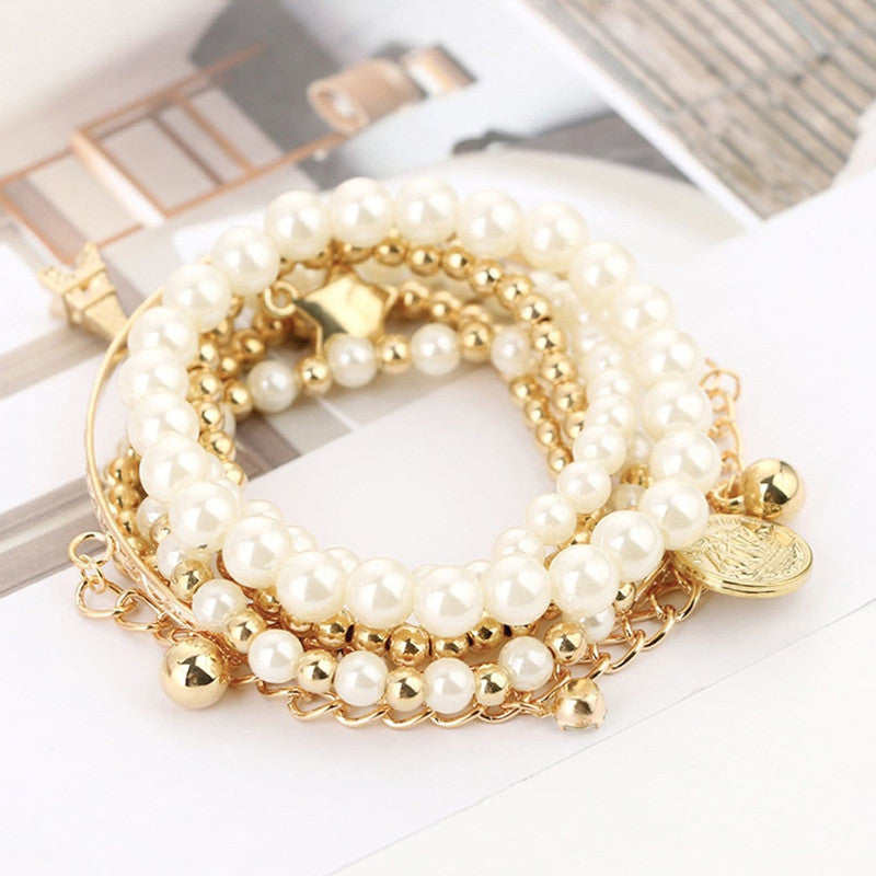 Gold Plated Pearl Studded Multistrand Korean Bracelet (Pack of 6) - MySmartBazaar