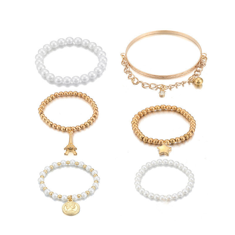 Gold Plated Pearl Studded Multistrand Korean Bracelet (Pack of 6)