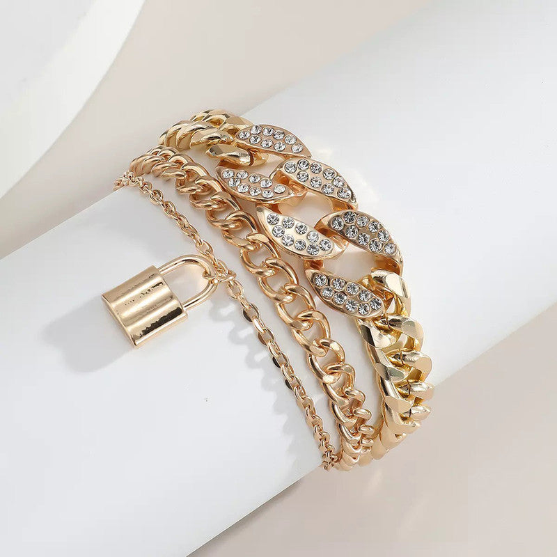 Gold Plated Stone Studded Lock inspired Multi-strand Bracelet For Women and Girls