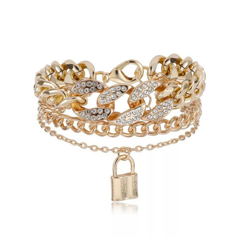 Gold Plated Stone Studded Lock inspired Multi-strand Bracelet For Women and Girls