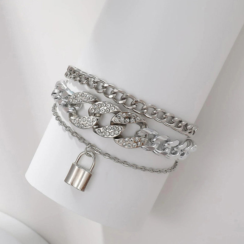 Silver Plated Stone Studded Lock inspired Multi-strand Bracelet For Women and Girls