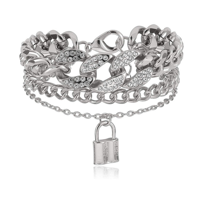 Silver Plated Stone Studded Lock inspired Multi-strand Bracelet For Women and Girls