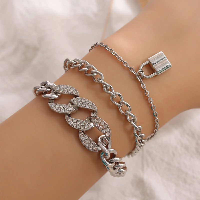 Silver Plated Stone Studded Lock inspired Multi-strand Bracelet For Women and Girls