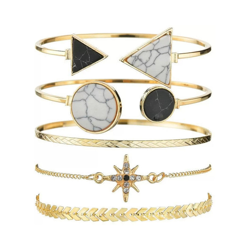 Gold Plated Geometric Stackable Korean Bracelet (Pack of 5) - MySmartBazaar