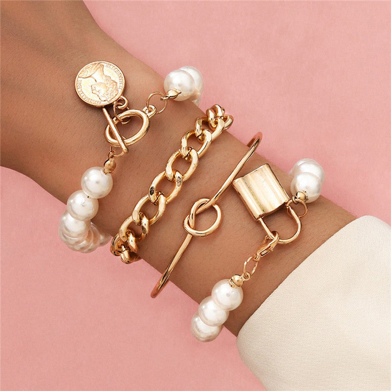 Gold Plated Pearl Studded Contemporary Set of 4 Stackable Korean Bracelet Set For Women and Girls