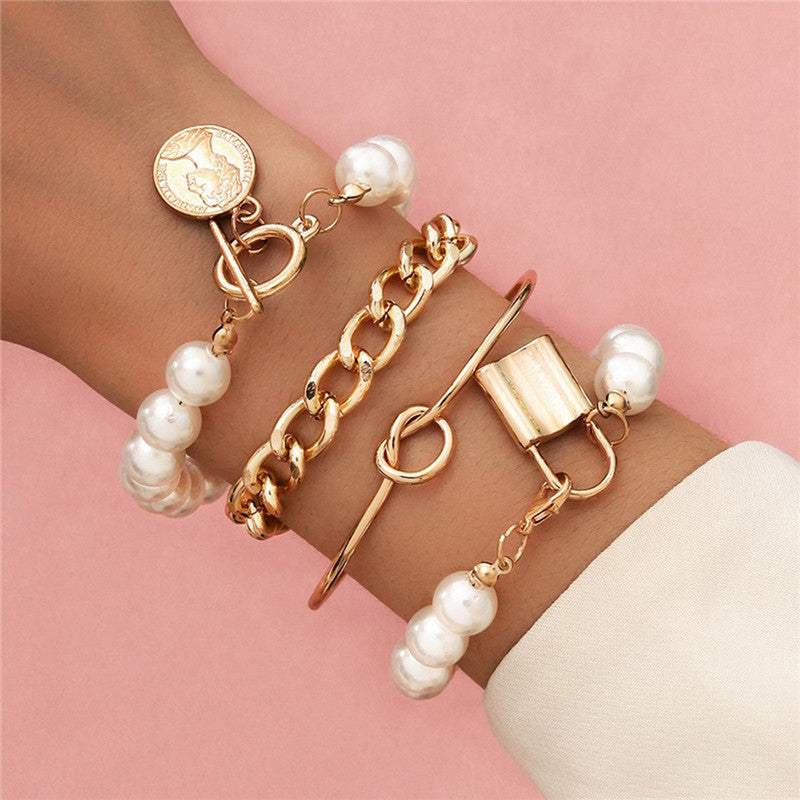 Gold Plated Pearl Studded Contemporary Set of 4 Stackable Korean Bracelet Set For Women and Girls - MySmartBazaar