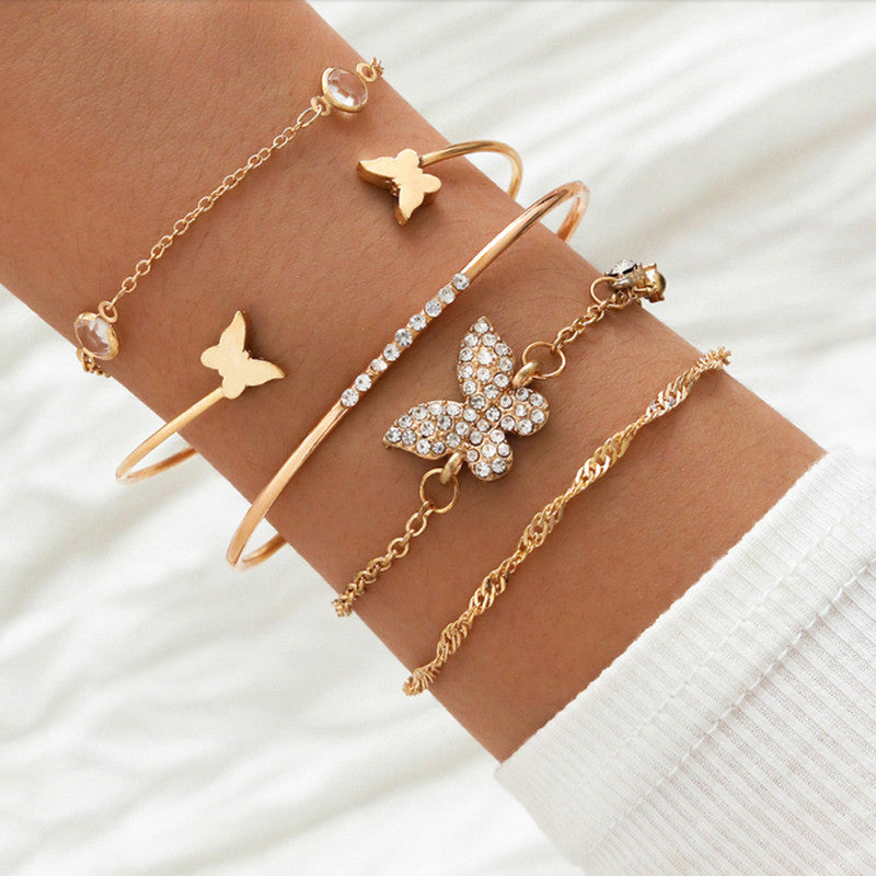 Gold-Plated Butterfly inspired Set of 5 Contemporary Stackable Bracelet Set For Women and Girls