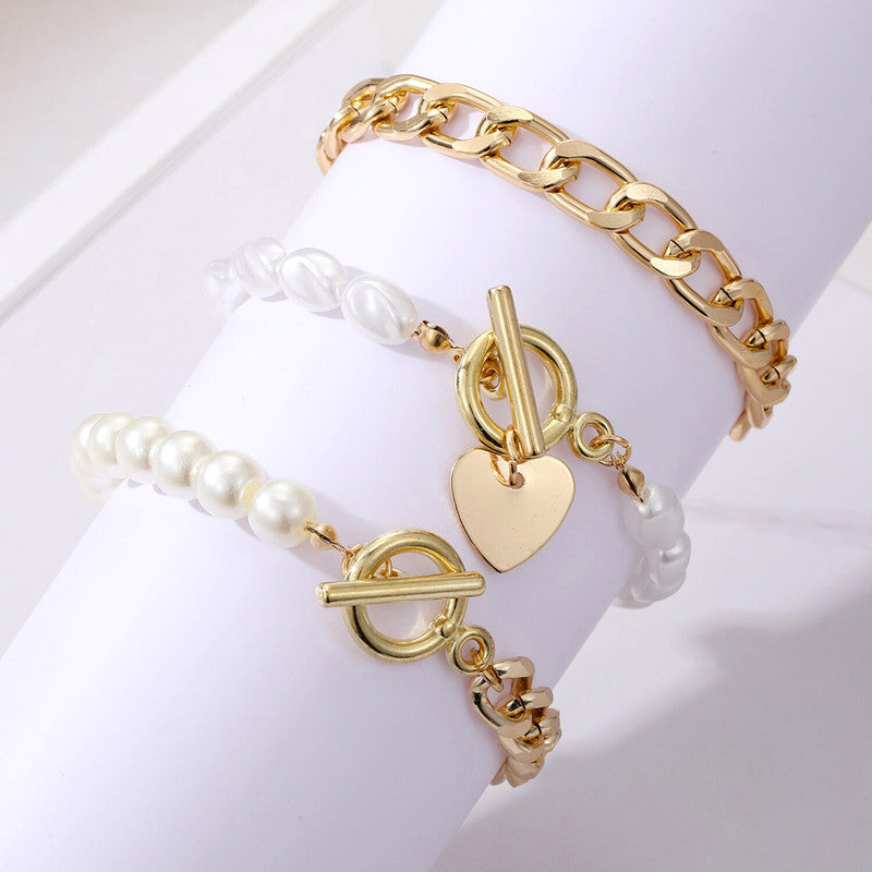 Gold Plated Set of 3 Heart inspired Contemporary Bracelet Set For Women and Girls