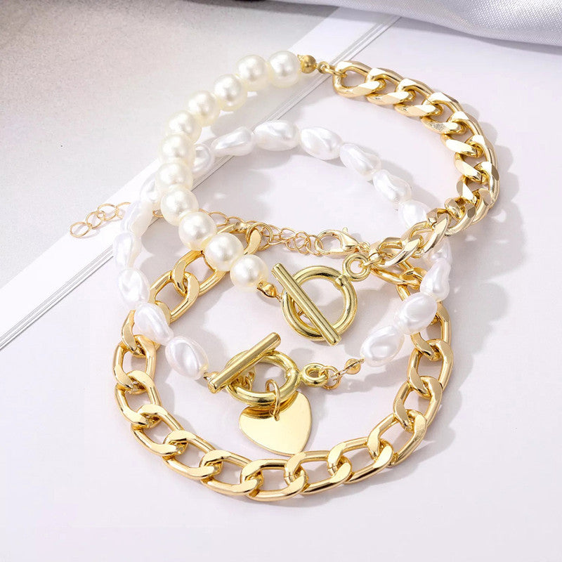 Gold Plated Set of 3 Heart inspired Contemporary Bracelet Set For Women and Girls