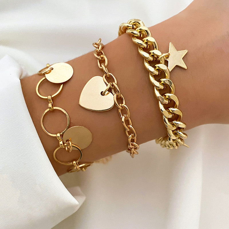 Gold Plated Heart-Star Contemporary Bracelet (Pack of 3)