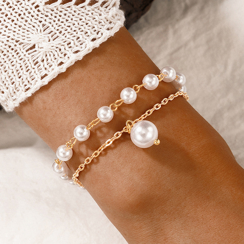 Gold Plated Pearl Studded Dual-Strand Bracelet