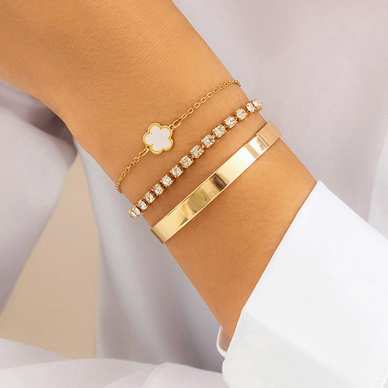 Gold Plated Set Of 3 White Clover Bracelet for Women And Girls