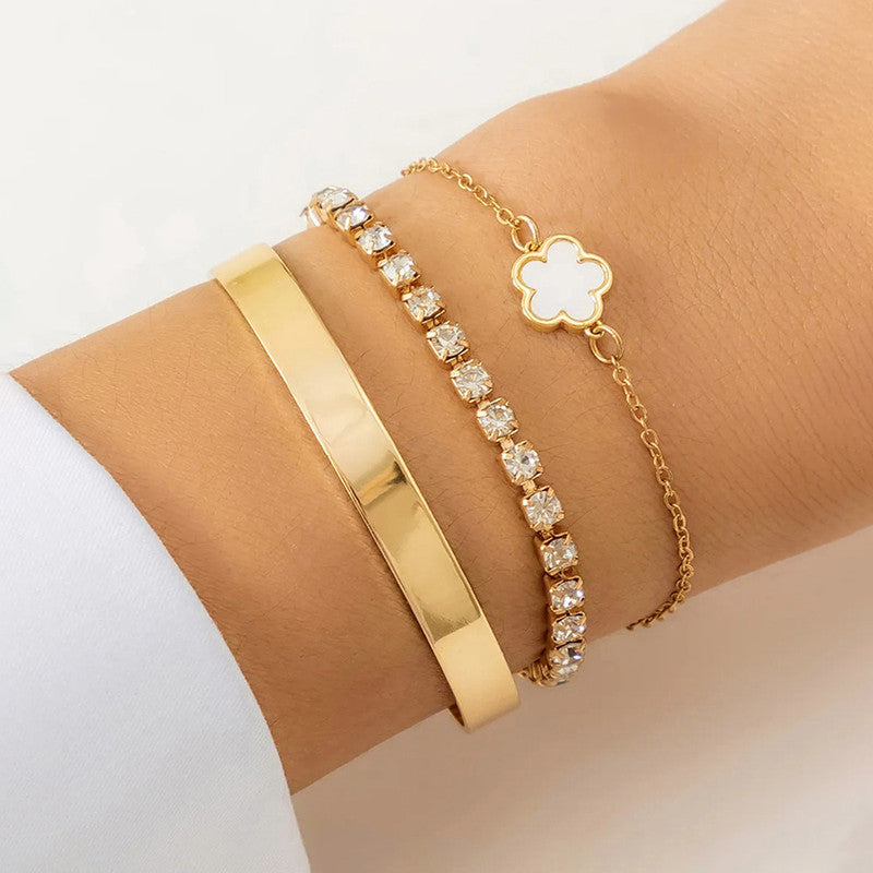 Gold Plated Set Of 3 White Clover Bracelet for Women And Girls