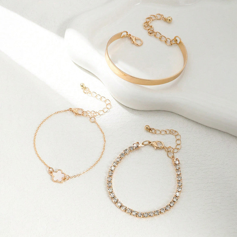 Gold Plated Set Of 3 White Clover Bracelet for Women And Girls