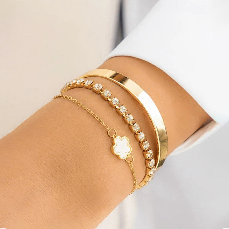 Gold Plated Set Of 3 White Clover Bracelet for Women And Girls