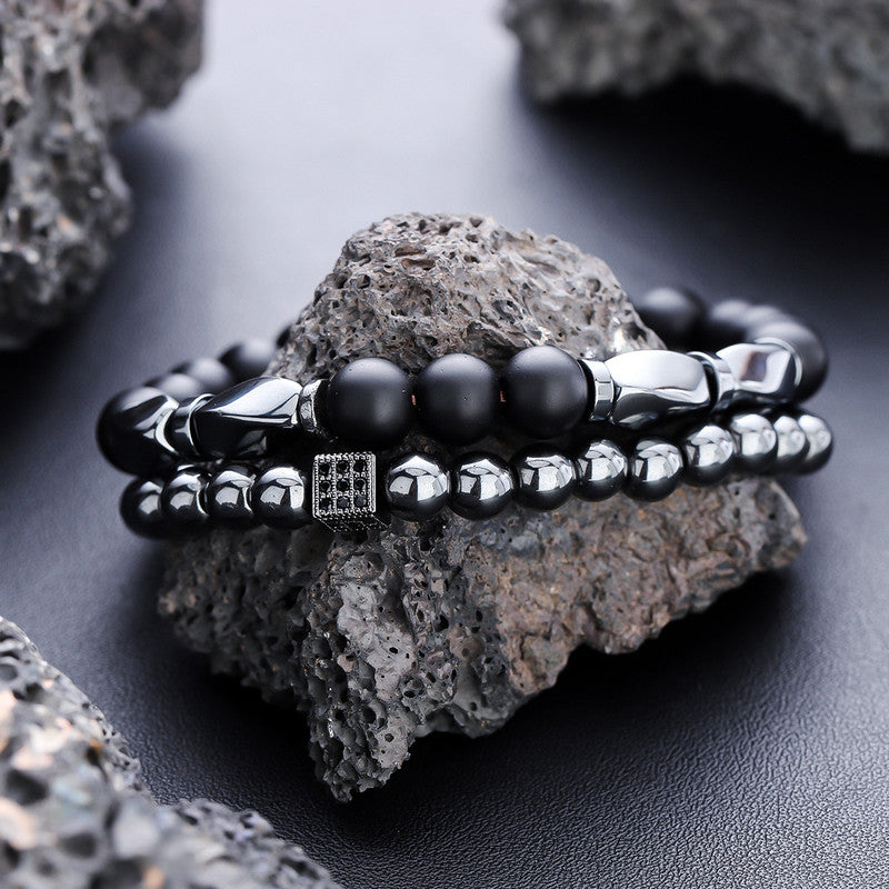 Combo of Men's Beaded 2 Piece Black & Silver Stretchable Bracelets