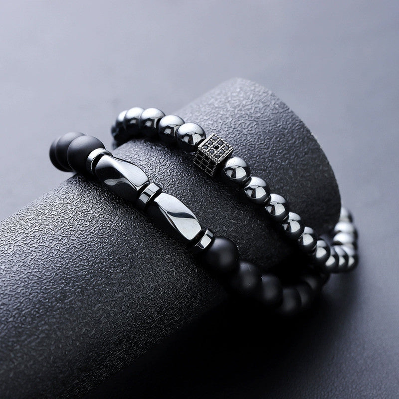 Combo of Men's Beaded 2 Piece Black & Silver Stretchable Bracelets