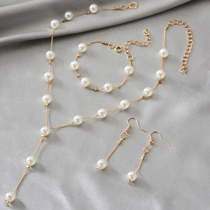 Gold Plated White Pearl Studded Multi-Piece Single-Strand Jewellery Set