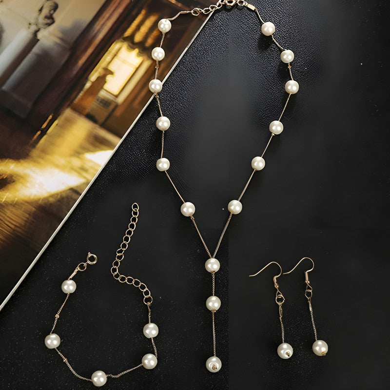 Gold Plated White Pearl Studded Multi-Piece Single-Strand Jewellery Set