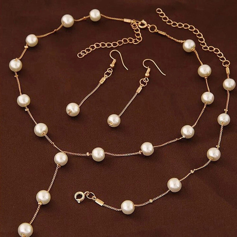 Gold Plated White Pearl Studded Multi-Piece Single-Strand Jewellery Set