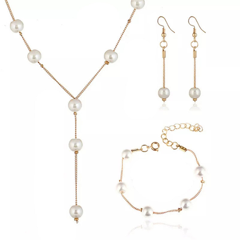 Gold Plated White Pearl Studded Multi-Piece Single-Strand Jewellery Set