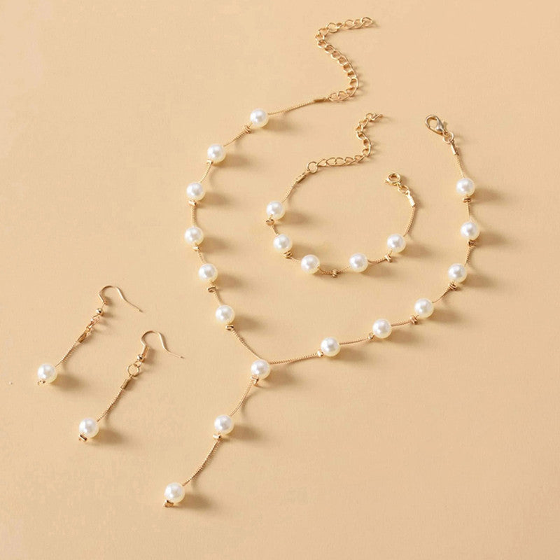 Gold Plated White Pearl Studded Multi-Piece Single-Strand Jewellery Set