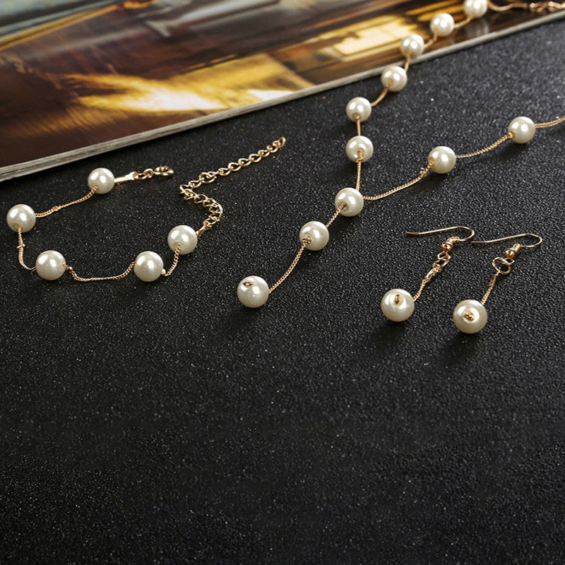 Gold Plated White Pearl Studded Multi-Piece Single-Strand Jewellery Set