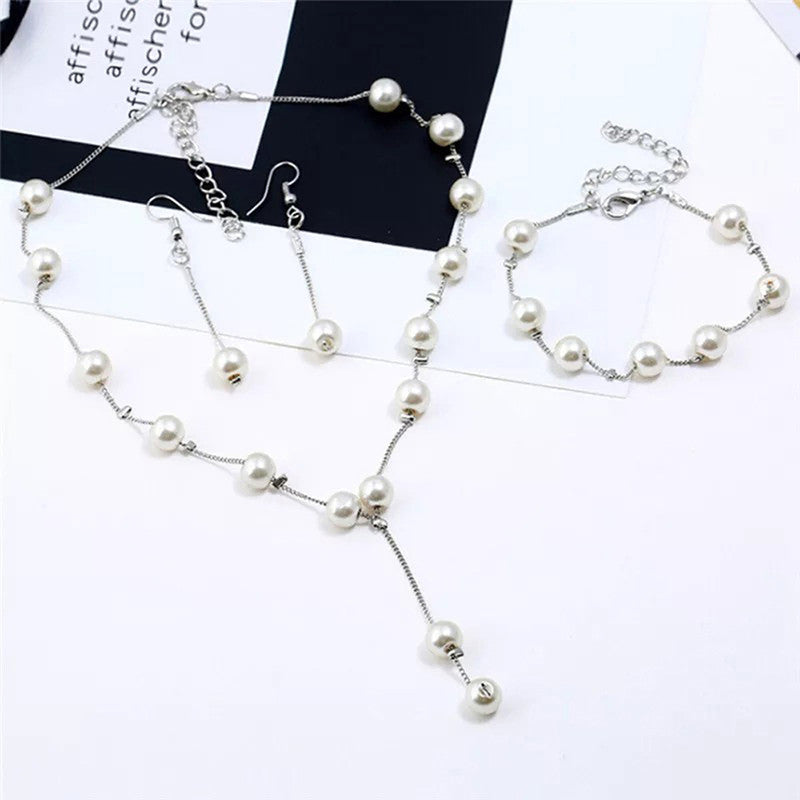 Silver Plated White Pearl Studded Multi-Piece Single-Strand Jewellery Set