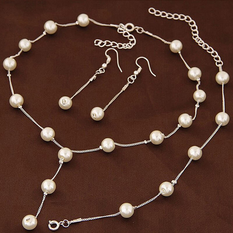 Silver Plated White Pearl Studded Multi-Piece Single-Strand Jewellery Set