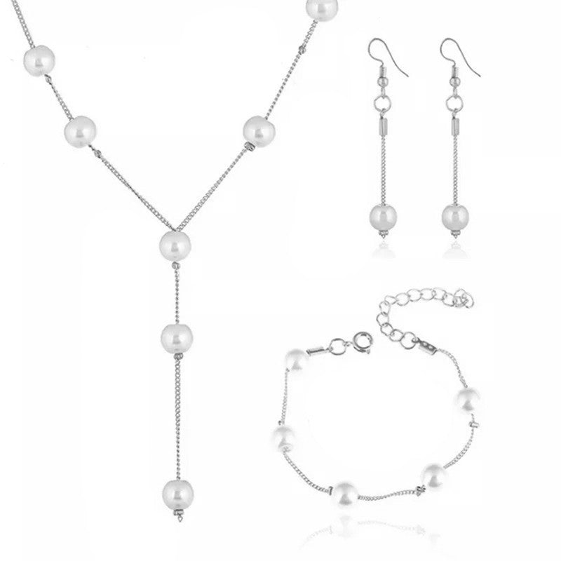 Silver Plated White Pearl Studded Multi-Piece Single-Strand Jewellery Set