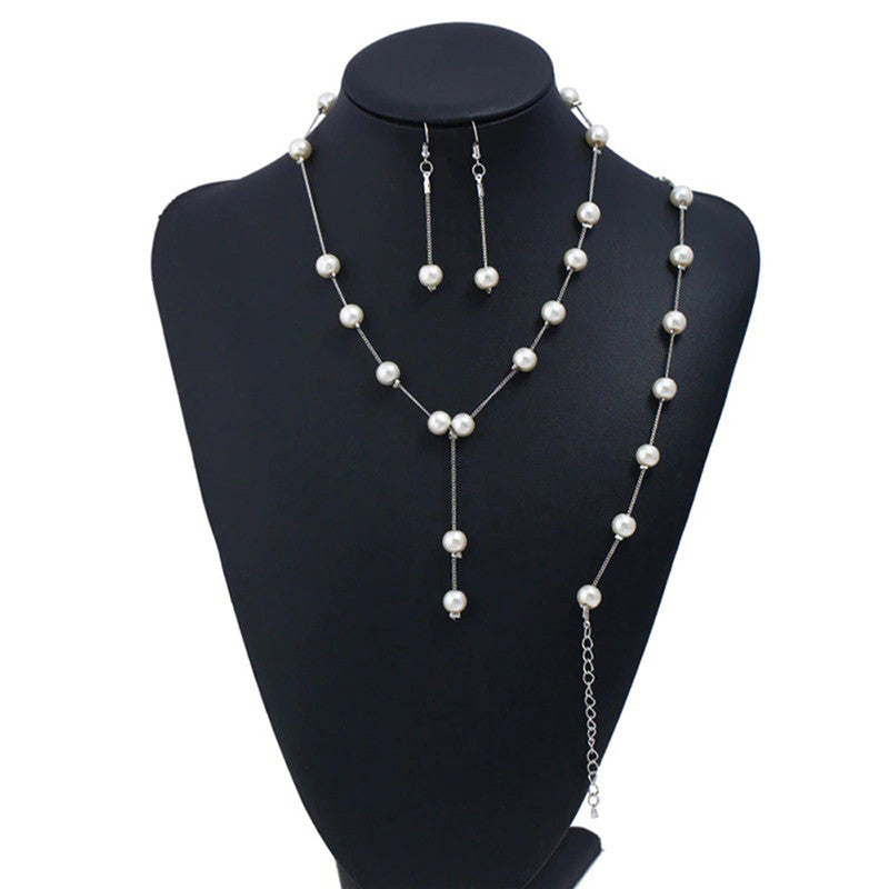 Silver Plated White Pearl Studded Multi-Piece Single-Strand Jewellery Set