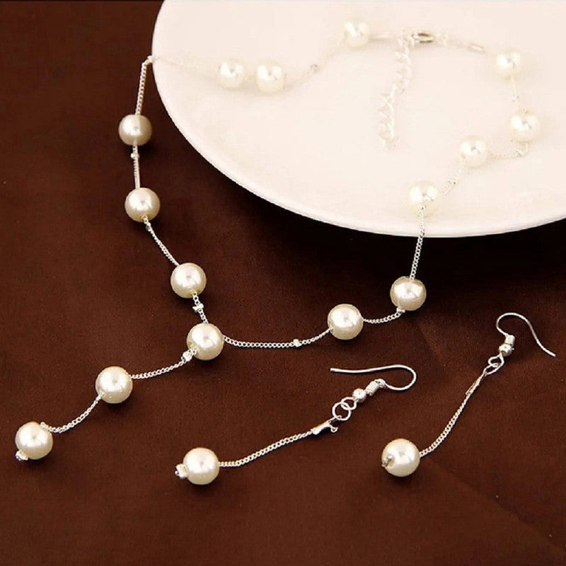 Silver Plated White Pearl Studded Multi-Piece Single-Strand Jewellery Set