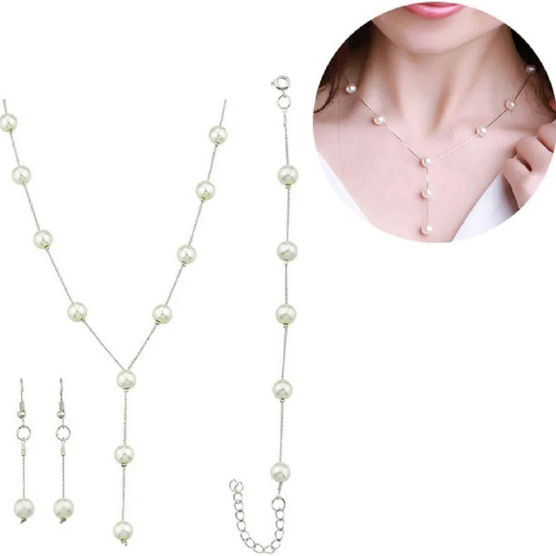 Silver Plated White Pearl Studded Multi-Piece Single-Strand Jewellery Set