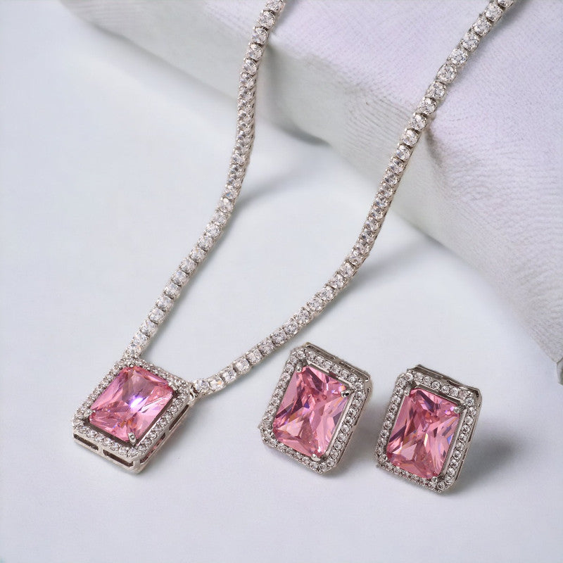 Silver Plated Crystal Studded Rectangular Colorful Anti Tarnish AD Necklace Set