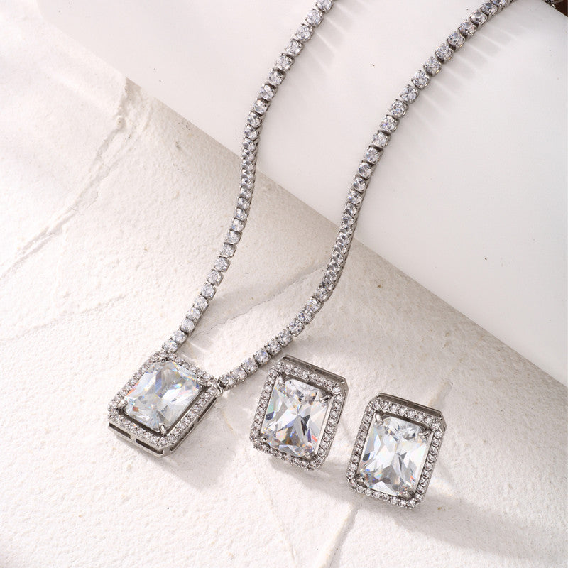 Silver Plated Crystal Studded Rectangular Colorful Anti Tarnish AD Necklace Set