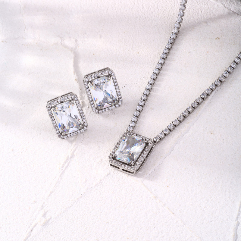 Silver Plated Crystal Studded Rectangular Colorful Anti Tarnish AD Necklace Set