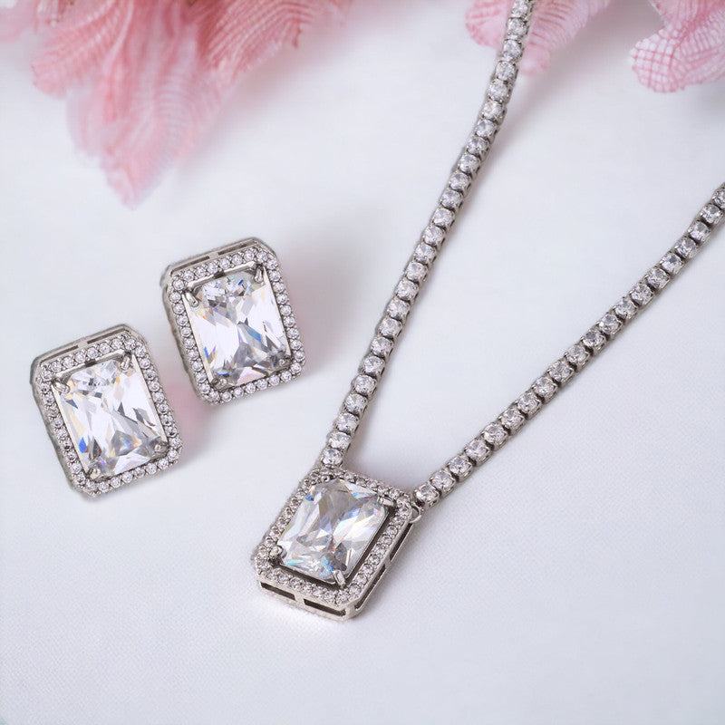 Silver Plated Crystal Studded Rectangular Colorful Anti Tarnish AD Necklace Set